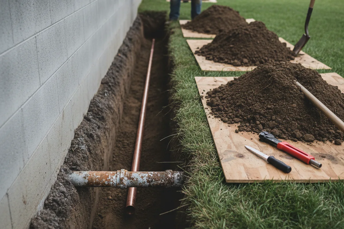 Excavated water line trench during Sewer Line Repair in Dundee